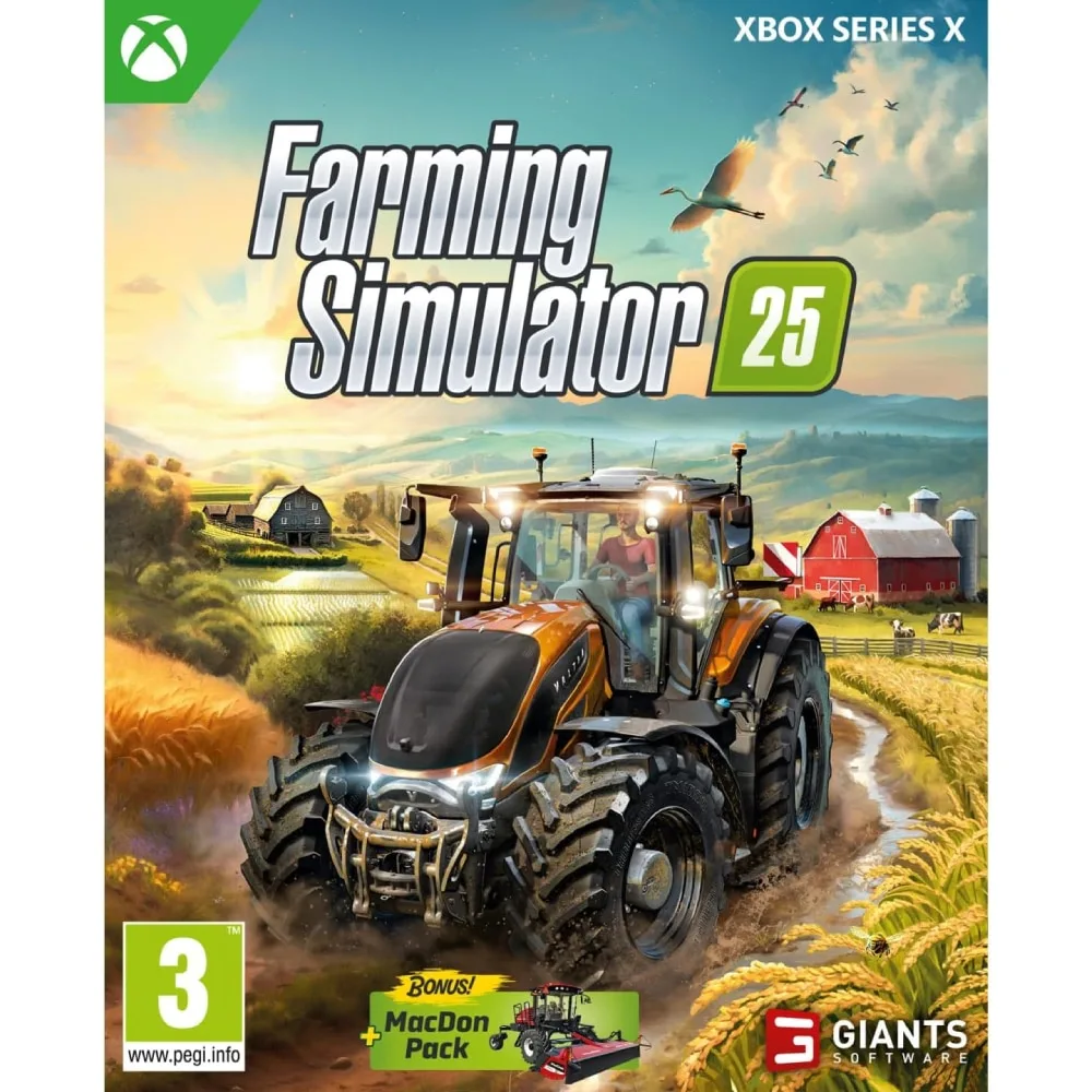 Farming Simulator 25 Xbox Series X leidžia sukurti savo ūkį, laukus, prižiūrėti laukus, gyvulius, techniką ir gamybos grandinę.